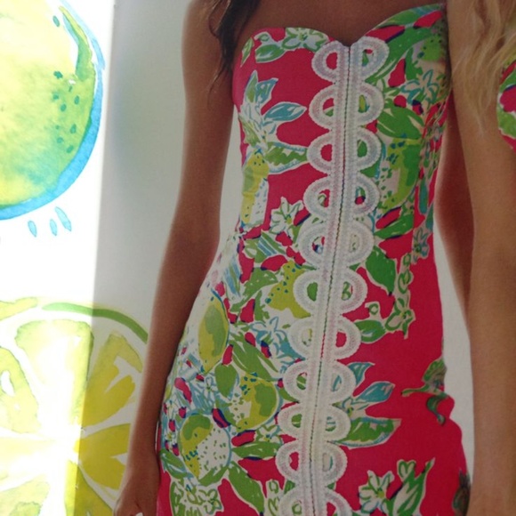 Lilly Pulitzer Pink Lemonade Print Strapless  Lace Trim Dress Size 2 - Picture 7 of 10